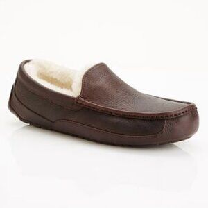 UGG Men's Coffee Brown Ascort Leather Fur Slip-On Casual Loafer Size 11
